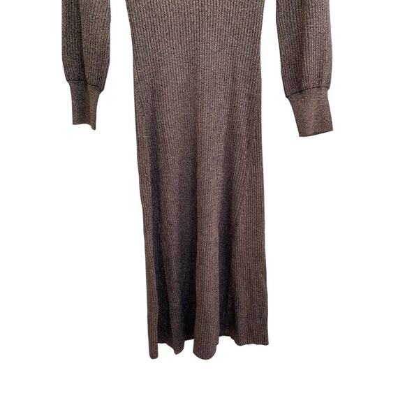 LOFT Gold Black Shimmer Ribbed V-Neck Midi Sweater Dress Blouson Sleeves - Picture 8 of 13